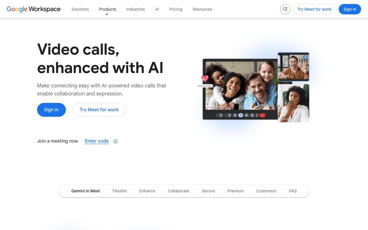 Google Meet product page with a group video call on screen
