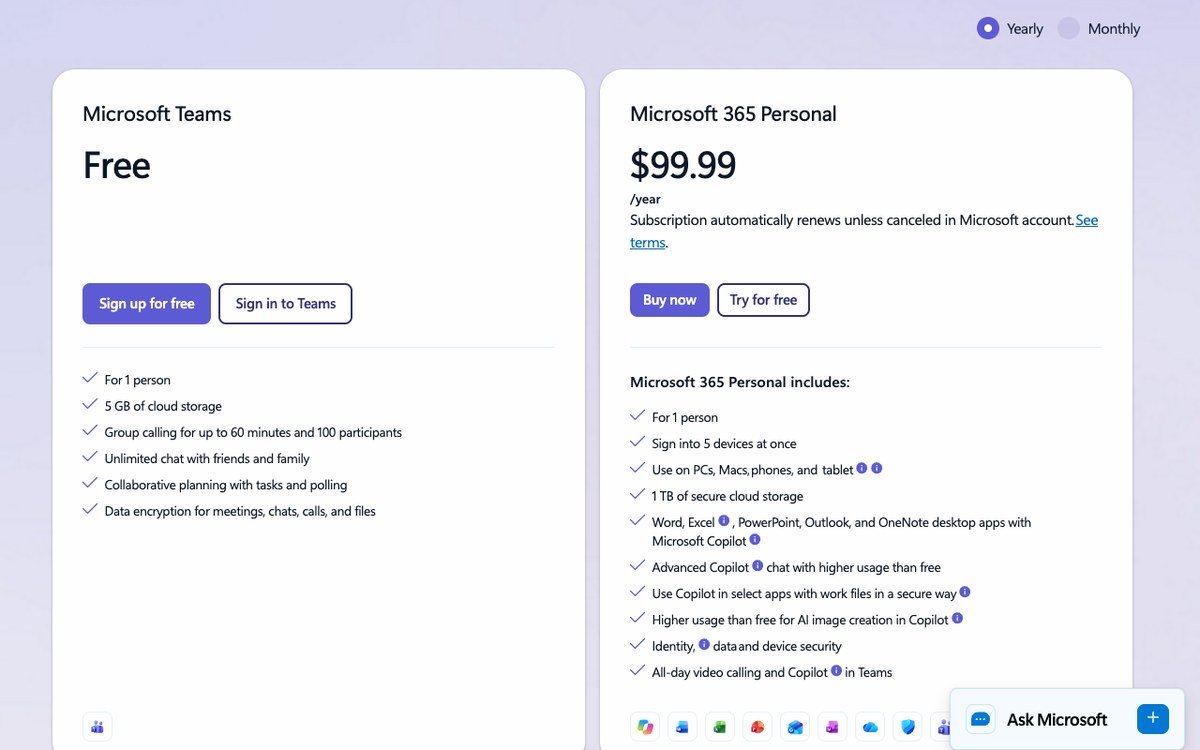 Microsoft Teams plan comparison showing the free plan beside Microsoft 365 Personal