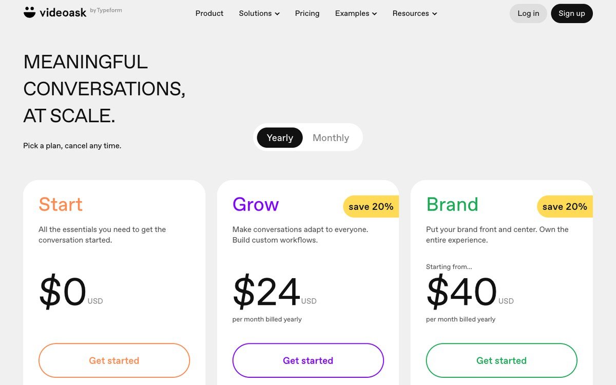 VideoAsk pricing page showing the free Start plan beside the Grow and Brand plans