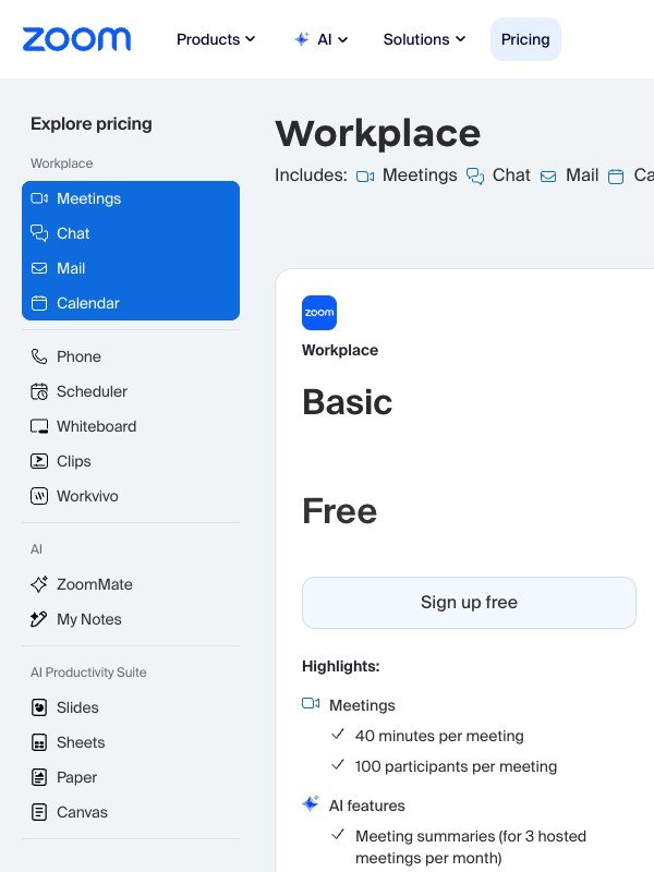 Zoom Workplace pricing page showing the free Basic plan with 40 minutes per meeting
