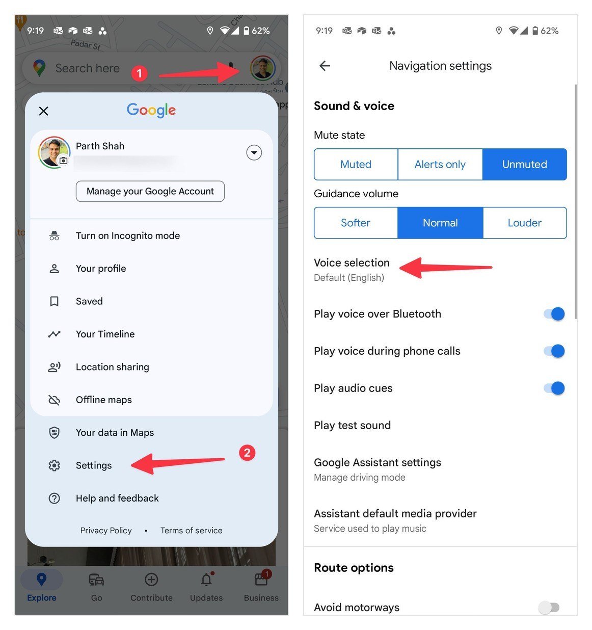 Google Maps on Android showing the profile menu and the Navigation settings screen with Voice selection