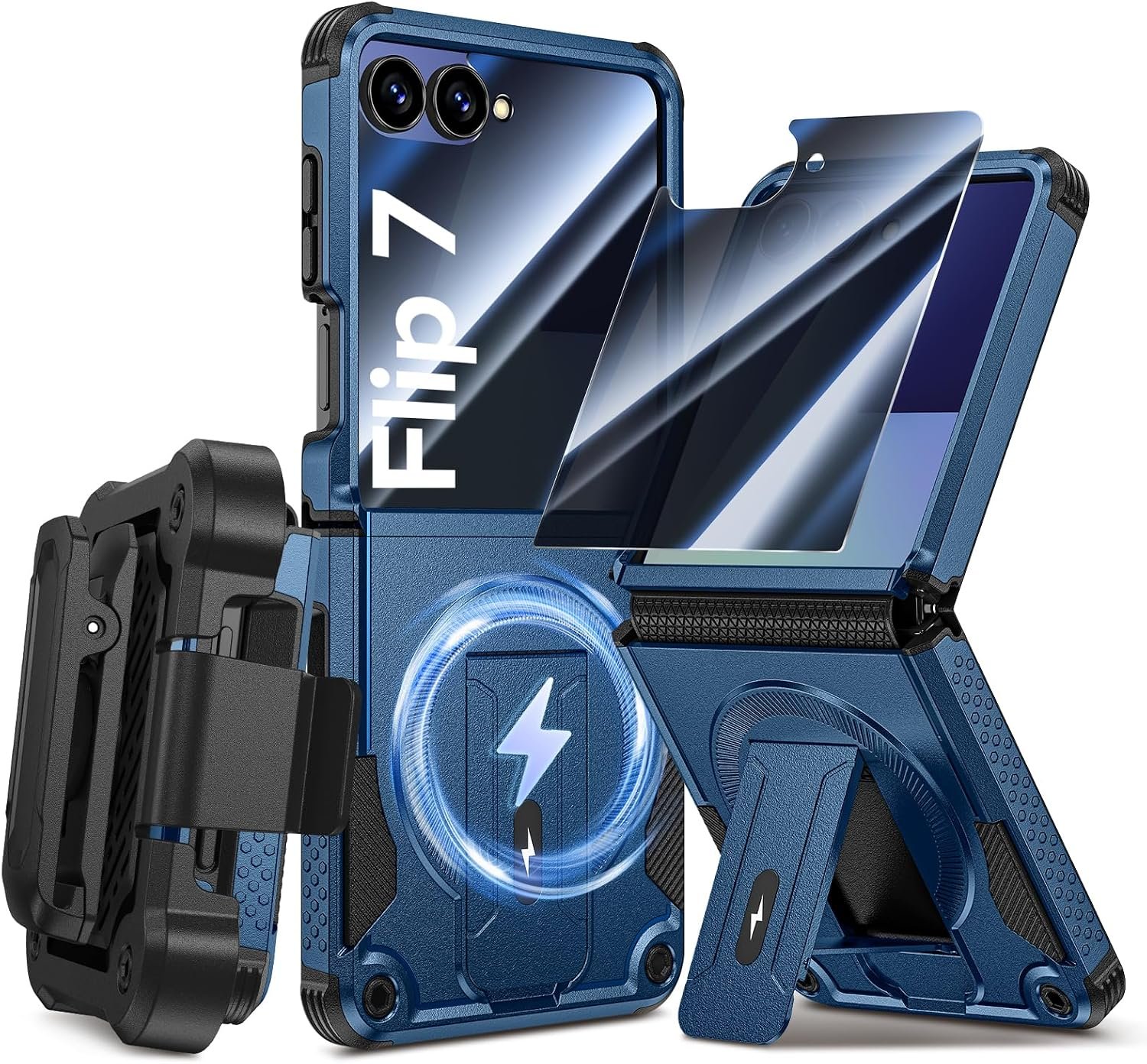 Goton case with belt clip holster and privacy screen protector for the Galaxy Z Flip 7 in blue