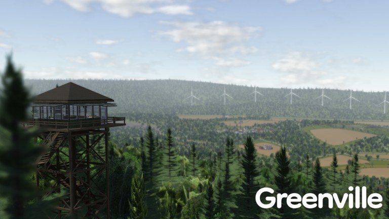 A lookout tower above pine forest and wind turbines in Greenville