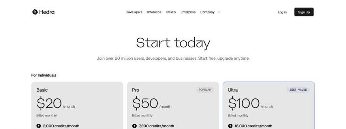 Hedra pricing page showing the Basic, Pro and Ultra individual plans