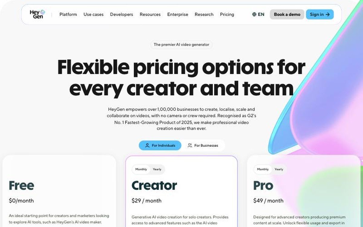 HeyGen pricing page showing the Free, Creator and Pro plans for individuals