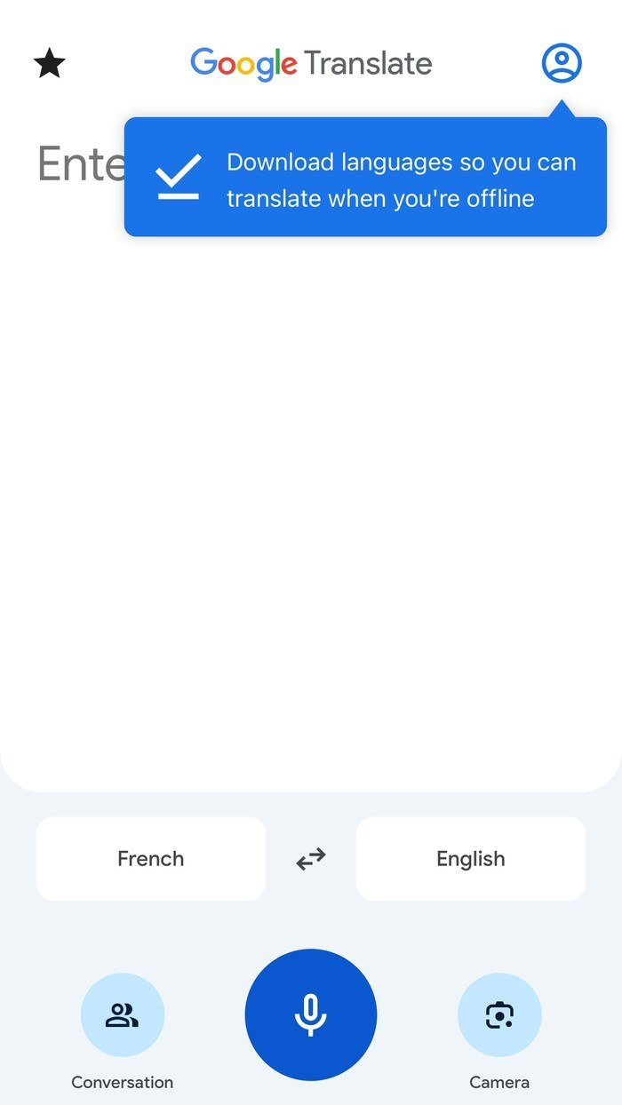 Google Translate app screen with Conversation and Camera buttons and a prompt to download languages for offline use