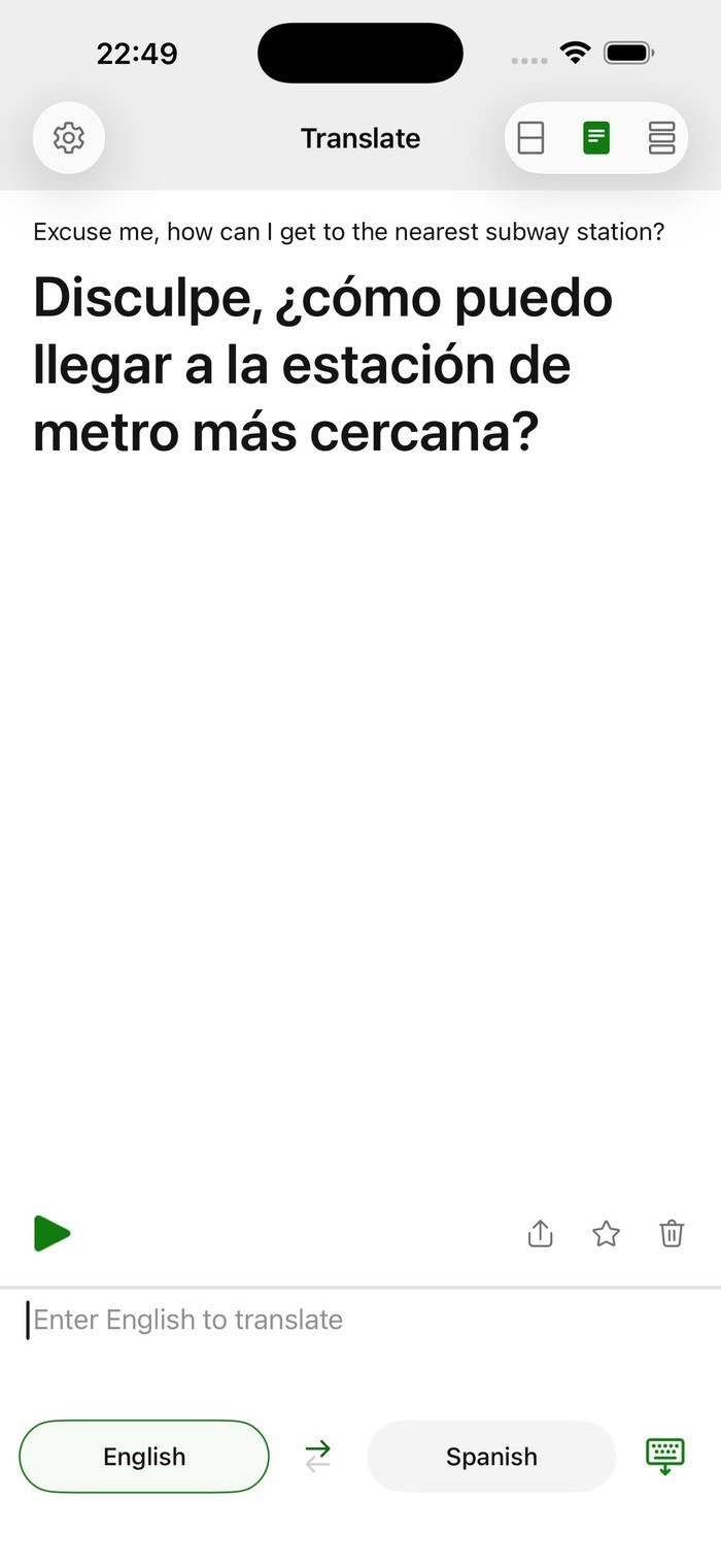 Microsoft Translator app translating an English question into Spanish in single-screen mode