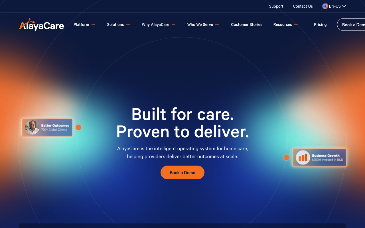 AlayaCare home page describing its platform for home-based care providers