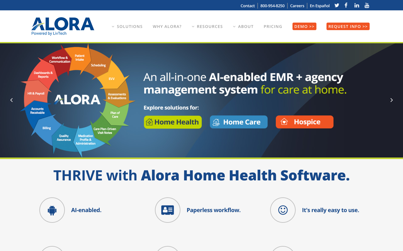 Alora Health home page showing its AI-enabled EMR and agency management system