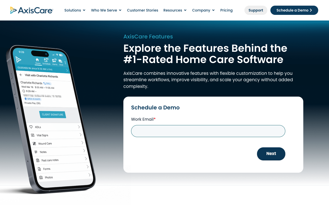 AxisCare features page showing the caregiver mobile app and scheduling tools