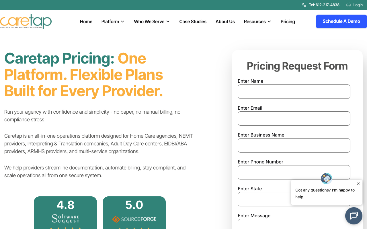 Caretap pricing page showing its plan request form and software ratings