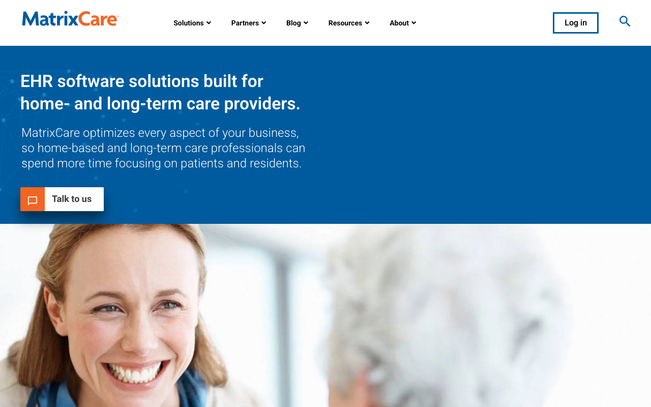 MatrixCare home page describing EHR software for home and long-term care providers