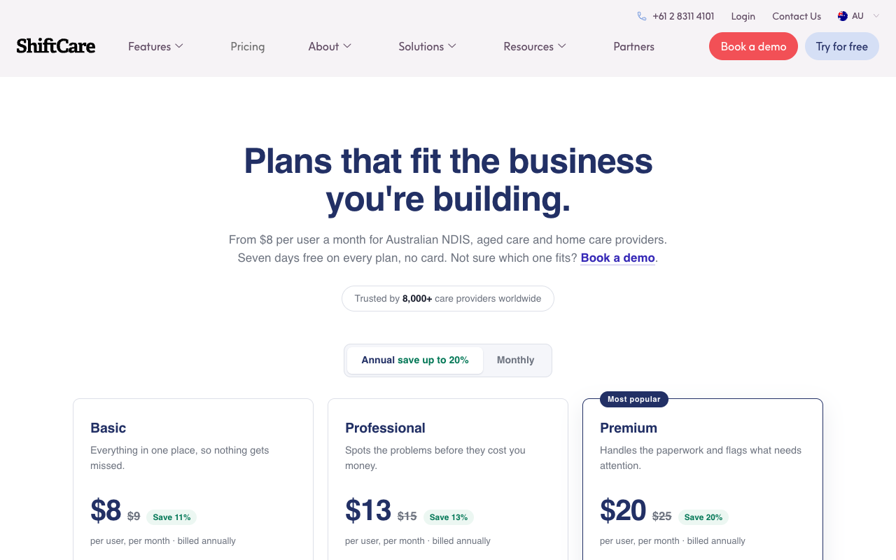 ShiftCare pricing page showing its Basic, Professional and Premium plans