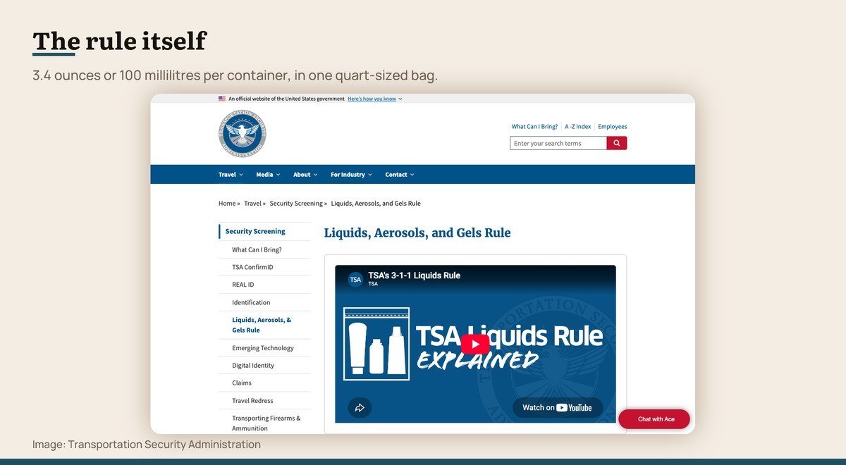 The TSA page setting out the liquids, aerosols and gels rule