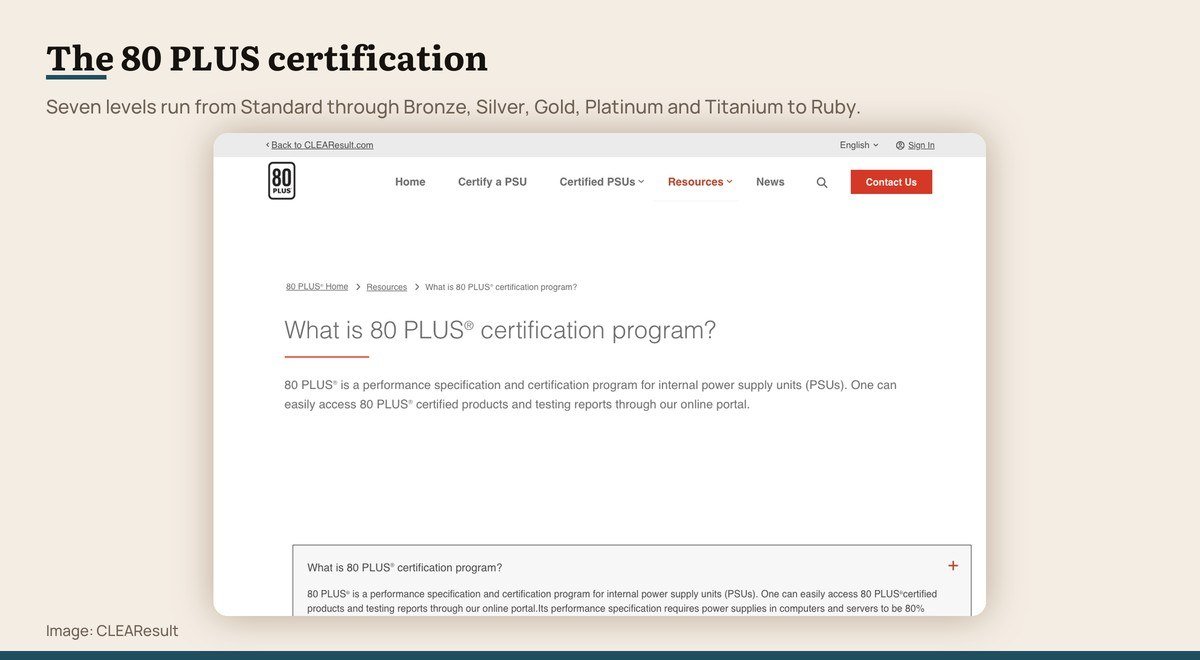 The 80 PLUS certification programme page listing the efficiency levels