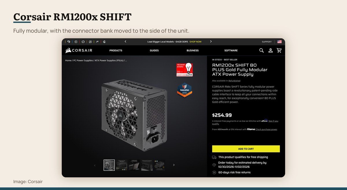 The Corsair RM1200x SHIFT power supply product page