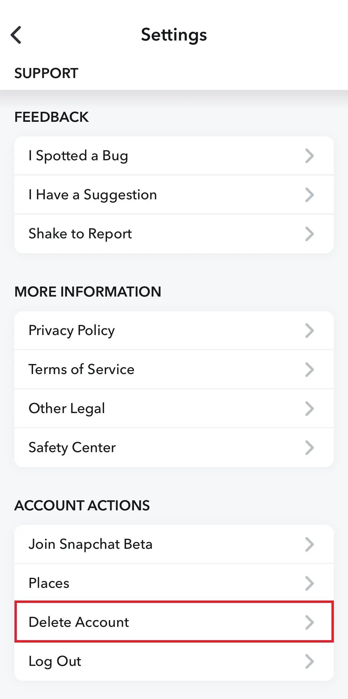 Snapchat Settings scrolled to Account Actions with Delete Account marked