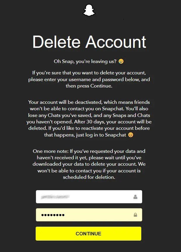 Snapchat Delete Account form with the username and password filled in above the Continue button