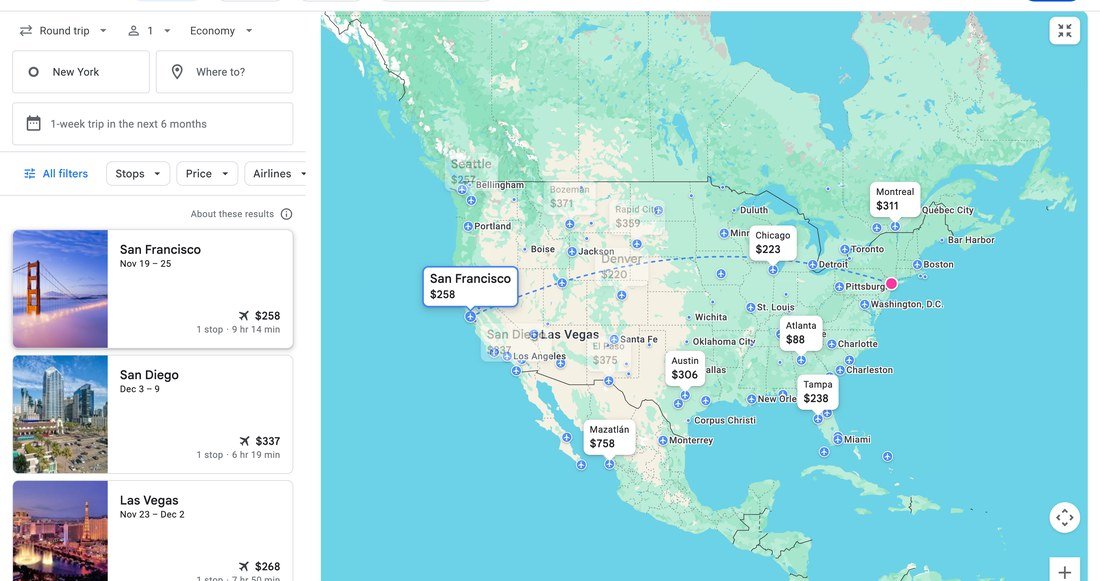 Google Flights explore map ranking destinations from New York by round-trip fare