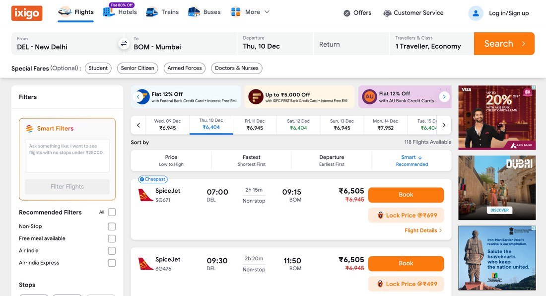 ixigo search results for Delhi to Mumbai showing non-stop fares from 6,945 rupees