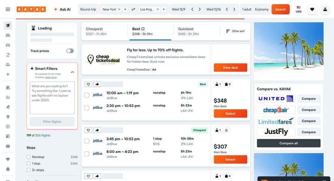 KAYAK results page for New York to Los Angeles with filters for stops, times and price