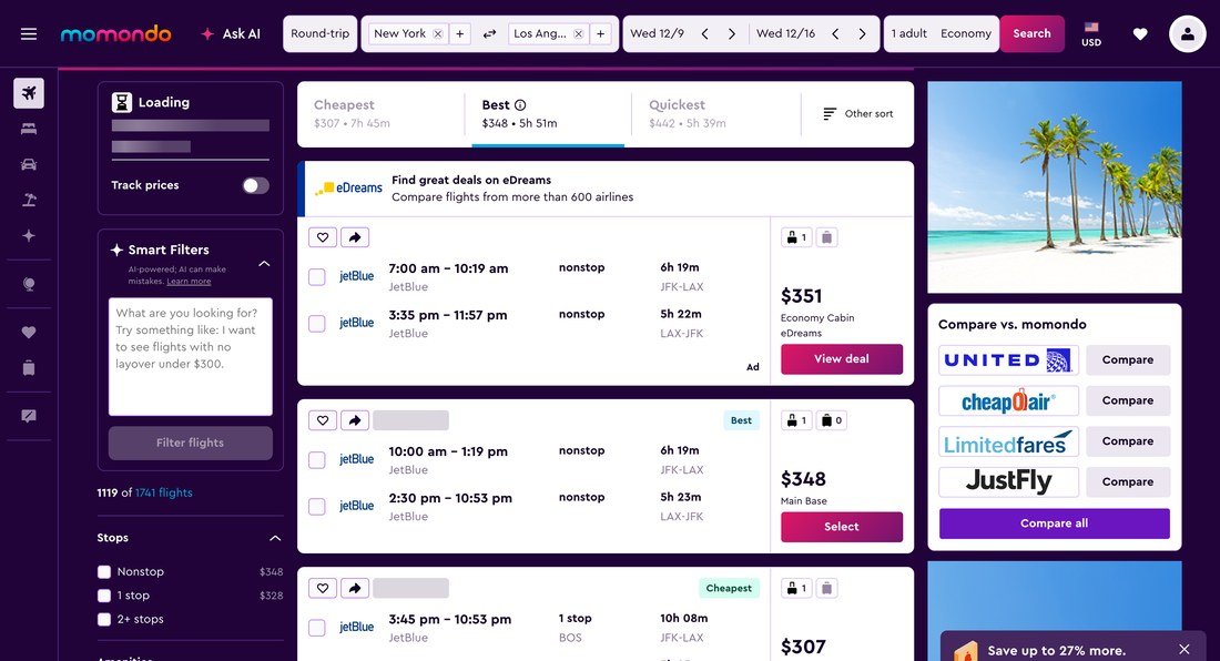 Momondo results for New York to Los Angeles sorted by cheapest fare
