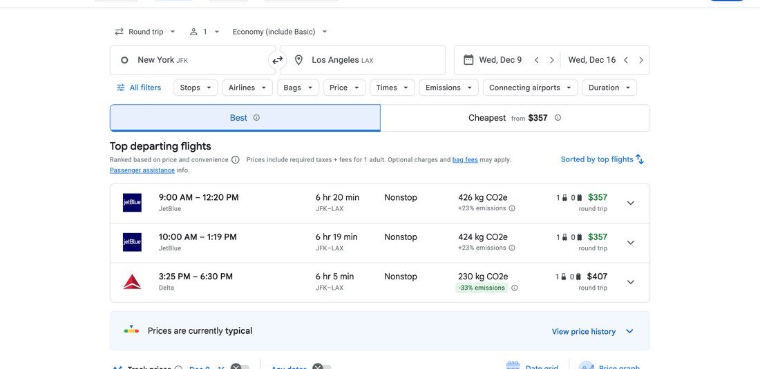 Google Flights results listing nonstop New York to Los Angeles round trips from $357