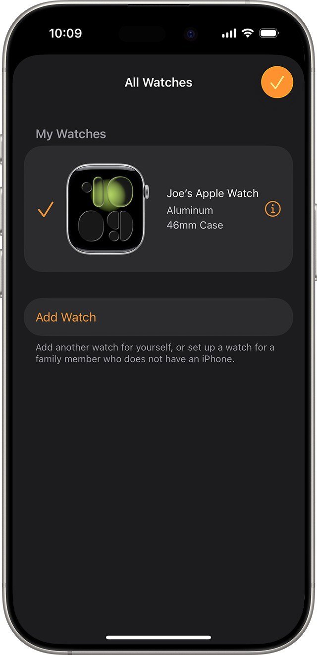 Apple Watch app on iPhone showing the All Watches list with an info button beside the paired watch