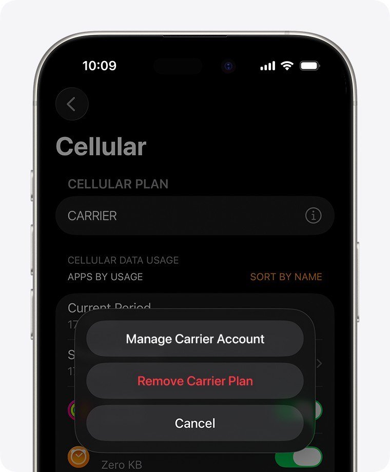 Cellular screen in the Apple Watch app with Manage Carrier Account and Remove Carrier Plan options