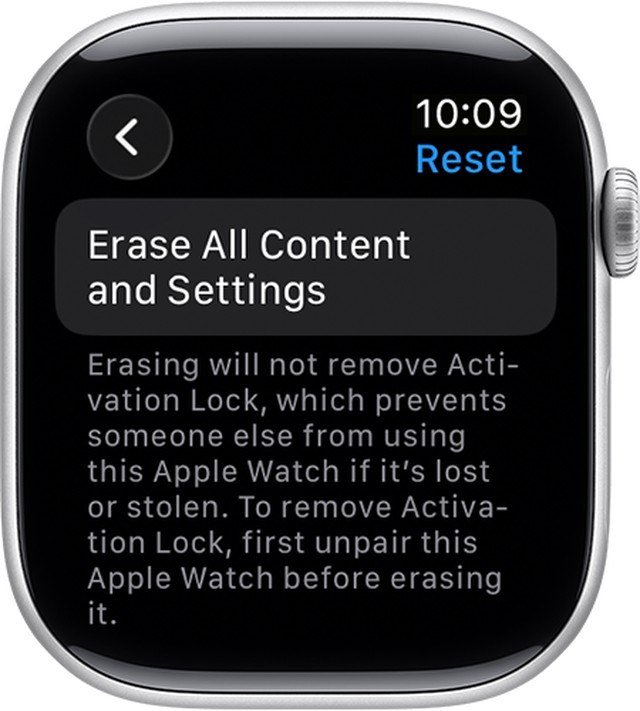 Apple Watch Reset screen with Erase All Content and Settings and a warning that Activation Lock stays on