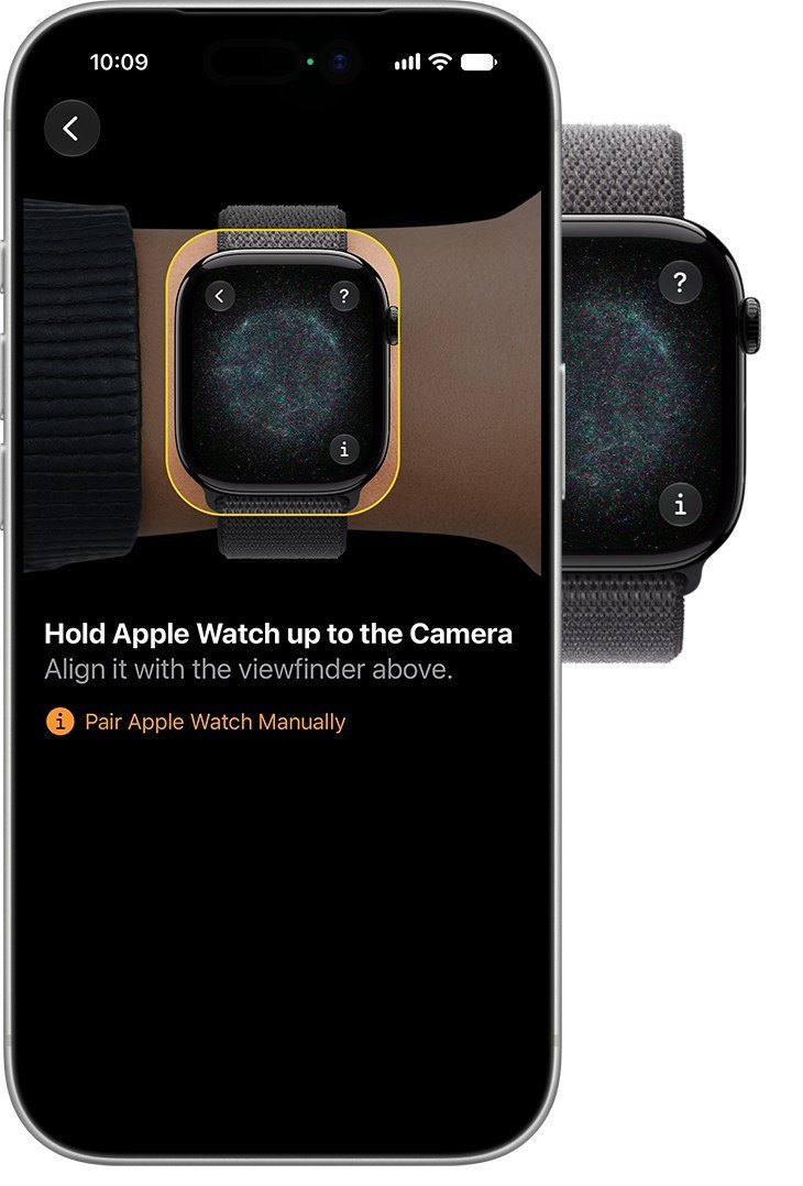 iPhone pairing screen reading Hold Apple Watch up to the Camera beside a watch showing the pairing animation