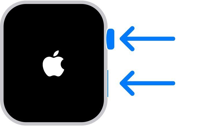 Apple Watch showing the Apple logo with arrows pointing to the Digital Crown and the side button