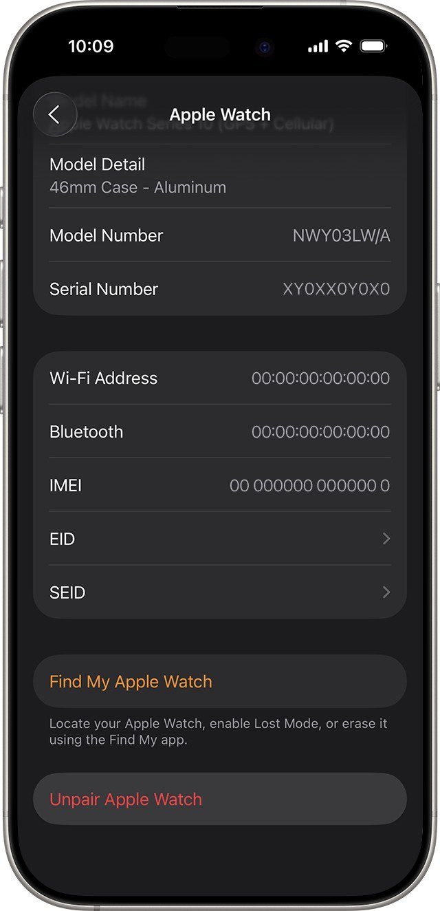 Apple Watch details screen on iPhone with Find My Apple Watch and the red Unpair Apple Watch button