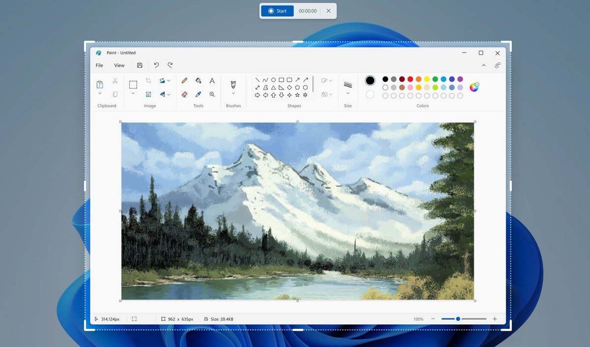 Snipping Tool recording area drawn around a Paint window with the Start button and timer above
