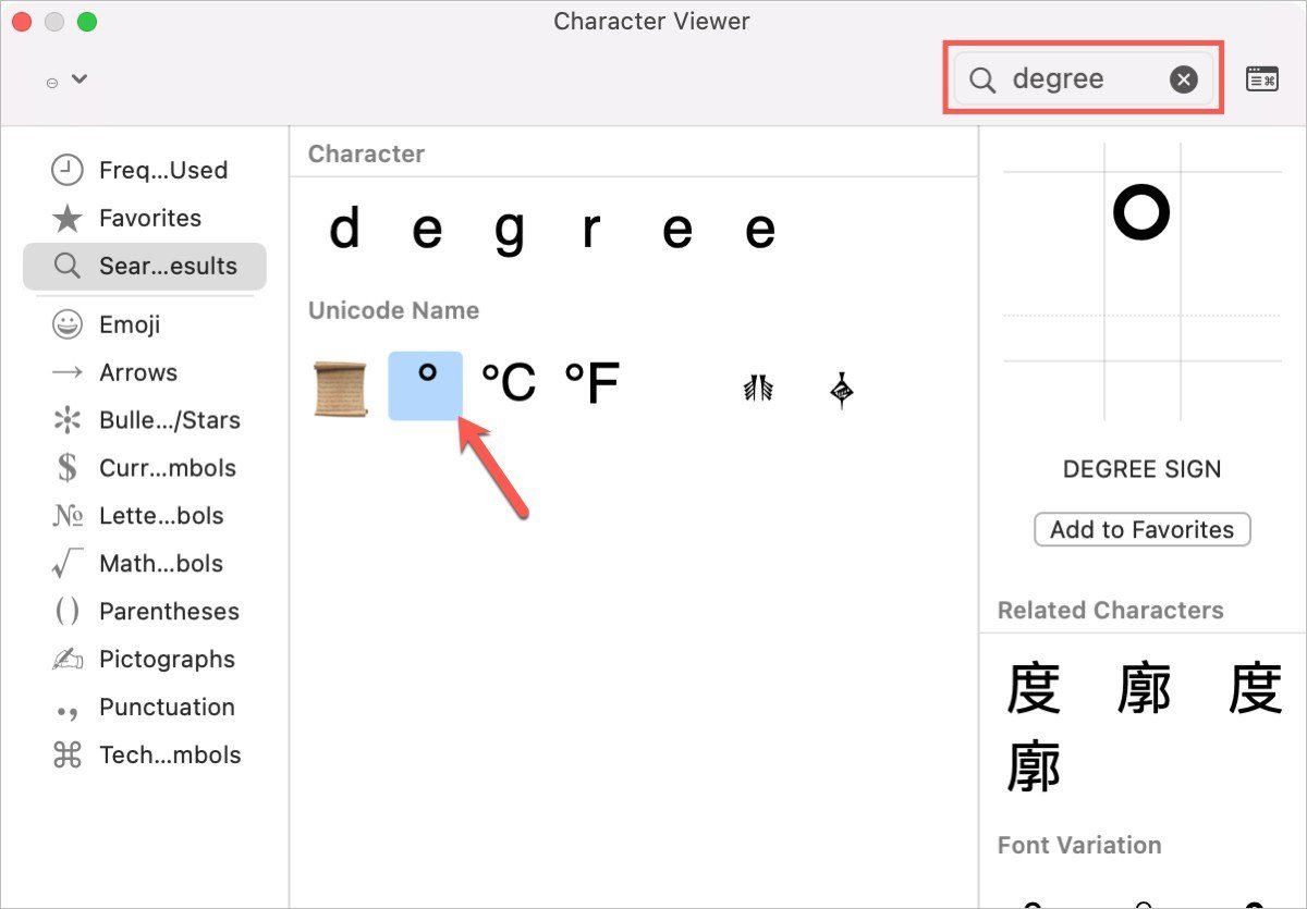 Mac Character Viewer searched for degree, with the degree sign selected and named DEGREE SIGN