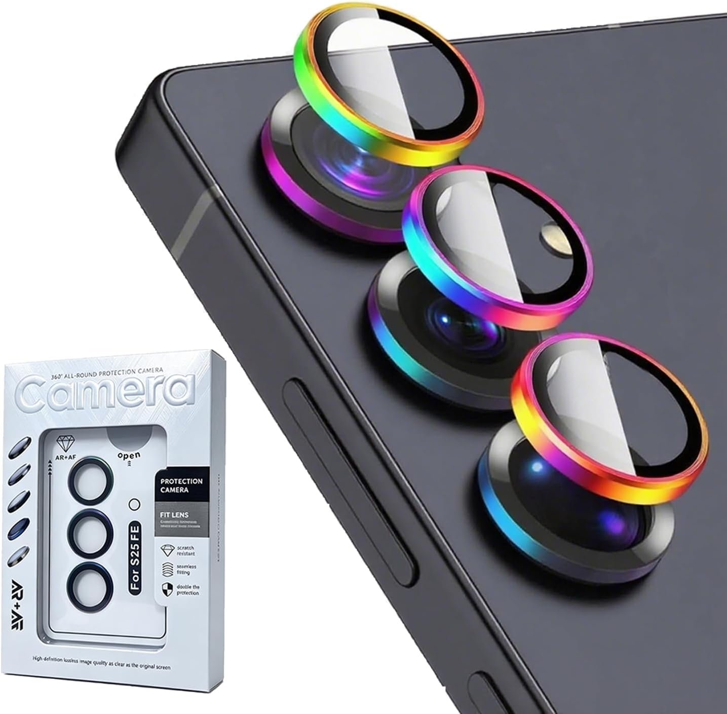 Individual colourful aluminium camera lens protectors for the Samsung Galaxy S25 FE