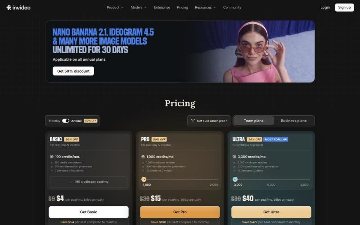 InVideo pricing page showing the Basic, Pro and Ultra plans with credit allowances