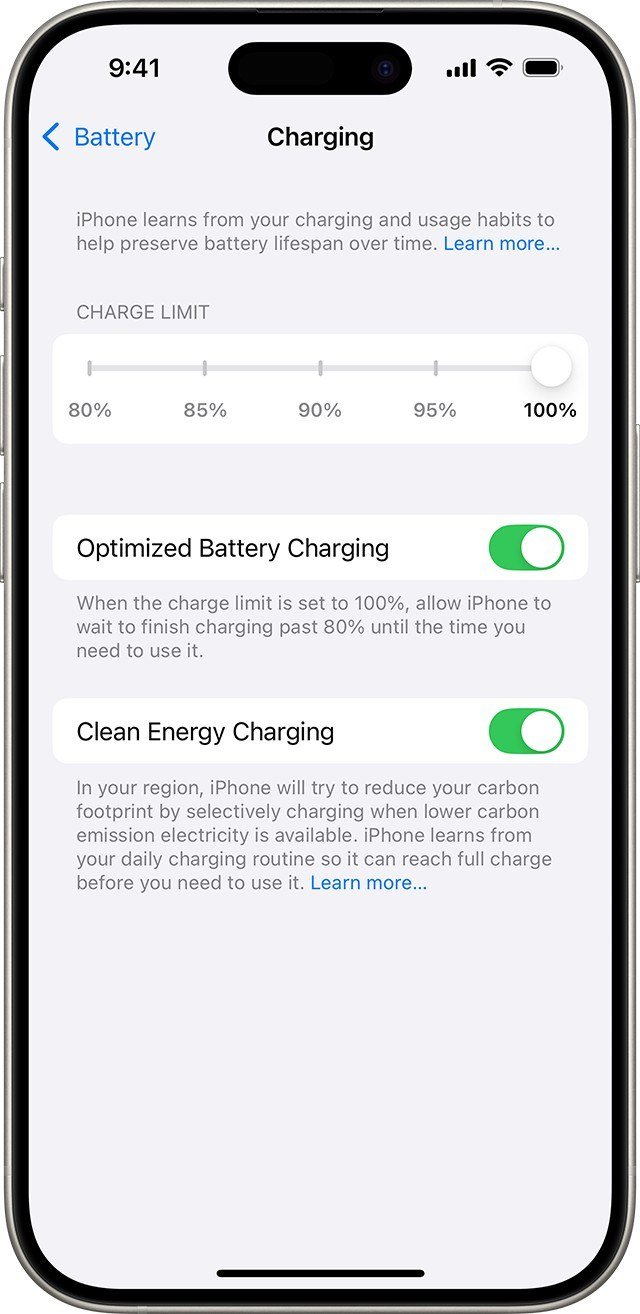 Charging screen with a Charge Limit slider from 80 to 100 percent and Optimized Battery Charging on