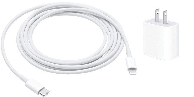 White USB-C to Lightning cable coiled beside a white USB power adapter