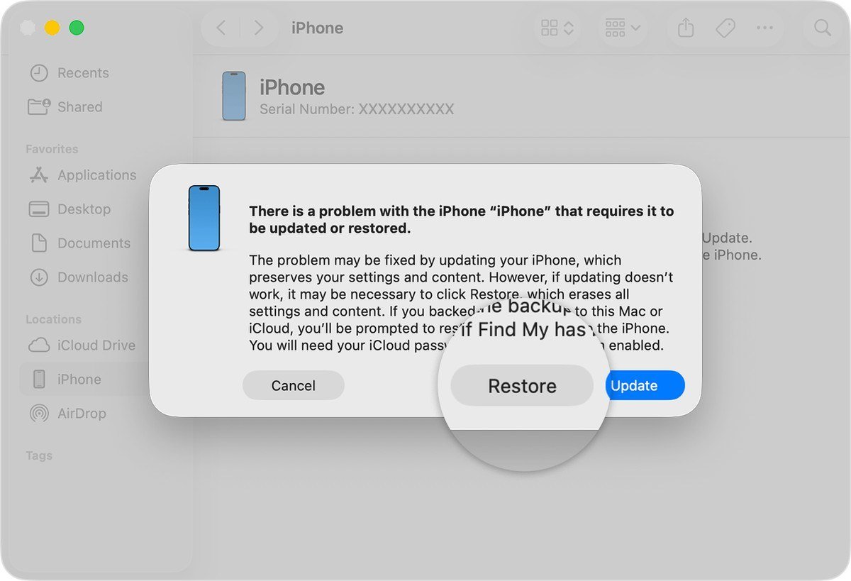 Mac Finder dialog reporting a problem with the iPhone with Cancel, Restore and Update buttons, Restore magnified