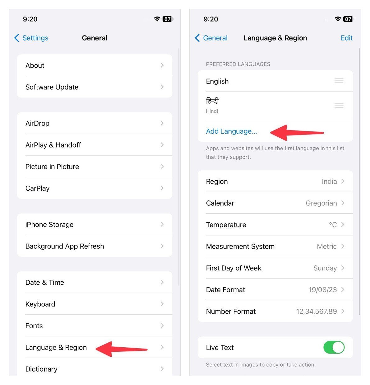 iPhone Settings showing General then Language and Region, where Add Language adds to the list