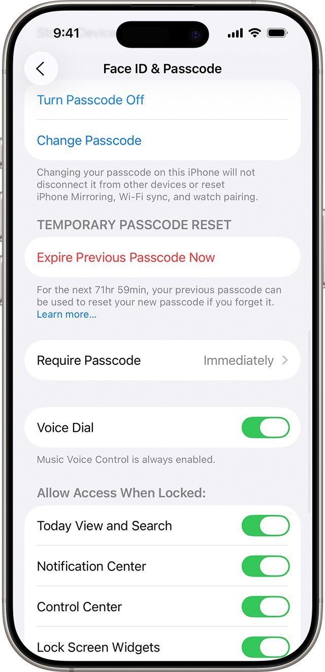 Face ID and Passcode settings showing a Temporary Passcode Reset section with an Expire Previous Passcode Now button