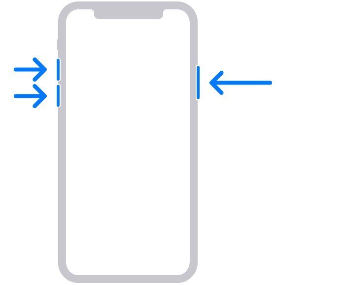 Outline of a Face ID iPhone with arrows pointing at the volume up, volume down and side buttons