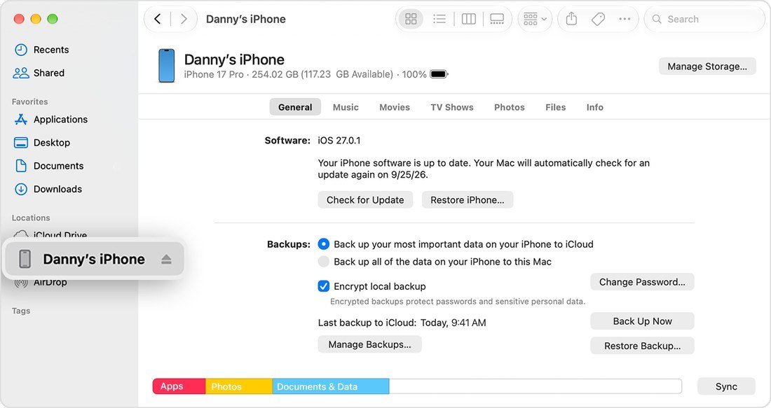 Finder window for an iPhone 17 Pro on the General tab showing Check for Update, Restore iPhone and backup buttons, with the iPhone highlighted in the sidebar