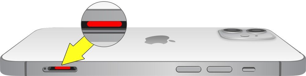 Edge of an iPhone 12 with an arrow pointing to the SIM tray, where a fully red liquid contact indicator shows inside the slot