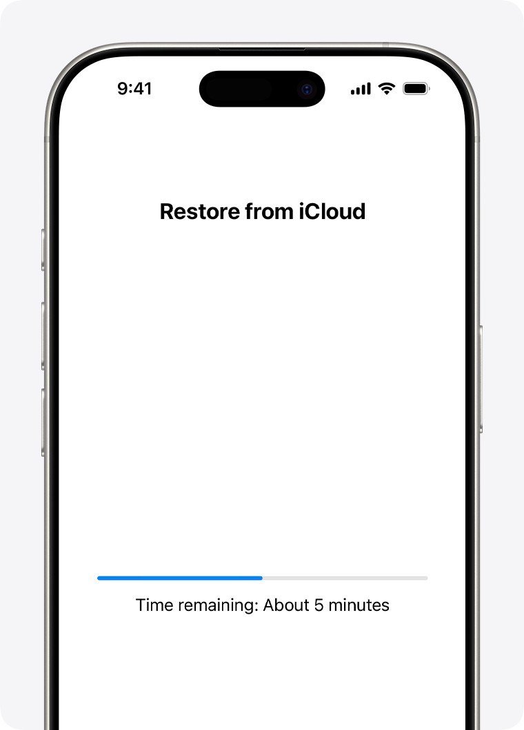 iPhone screen titled Restore from iCloud with a blue progress bar and the text Time remaining: About 5 minutes