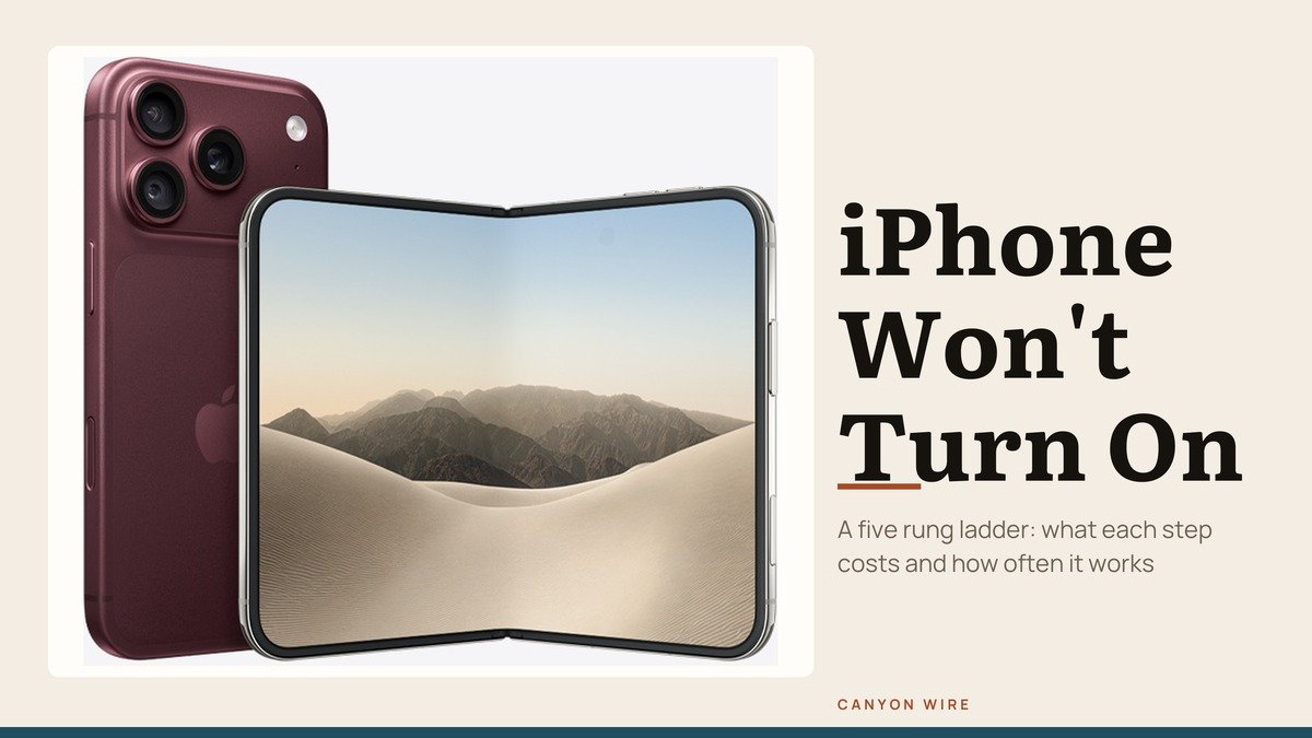 iPhone Won't Turn On title above a five-step ladder graphic