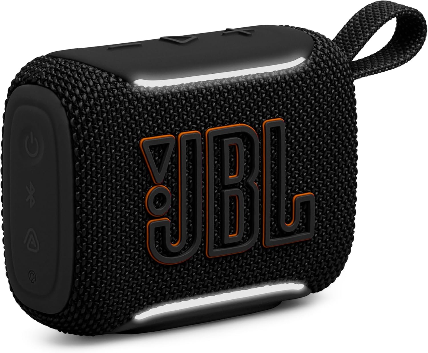 JBL Go 5 palm-sized portable bluetooth speaker in black with ambient edge lighting