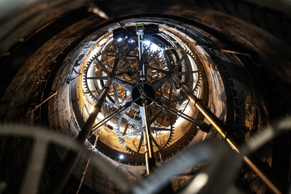 Looking up through the gears and frame of the 10,000 Year Clock inside the mountain