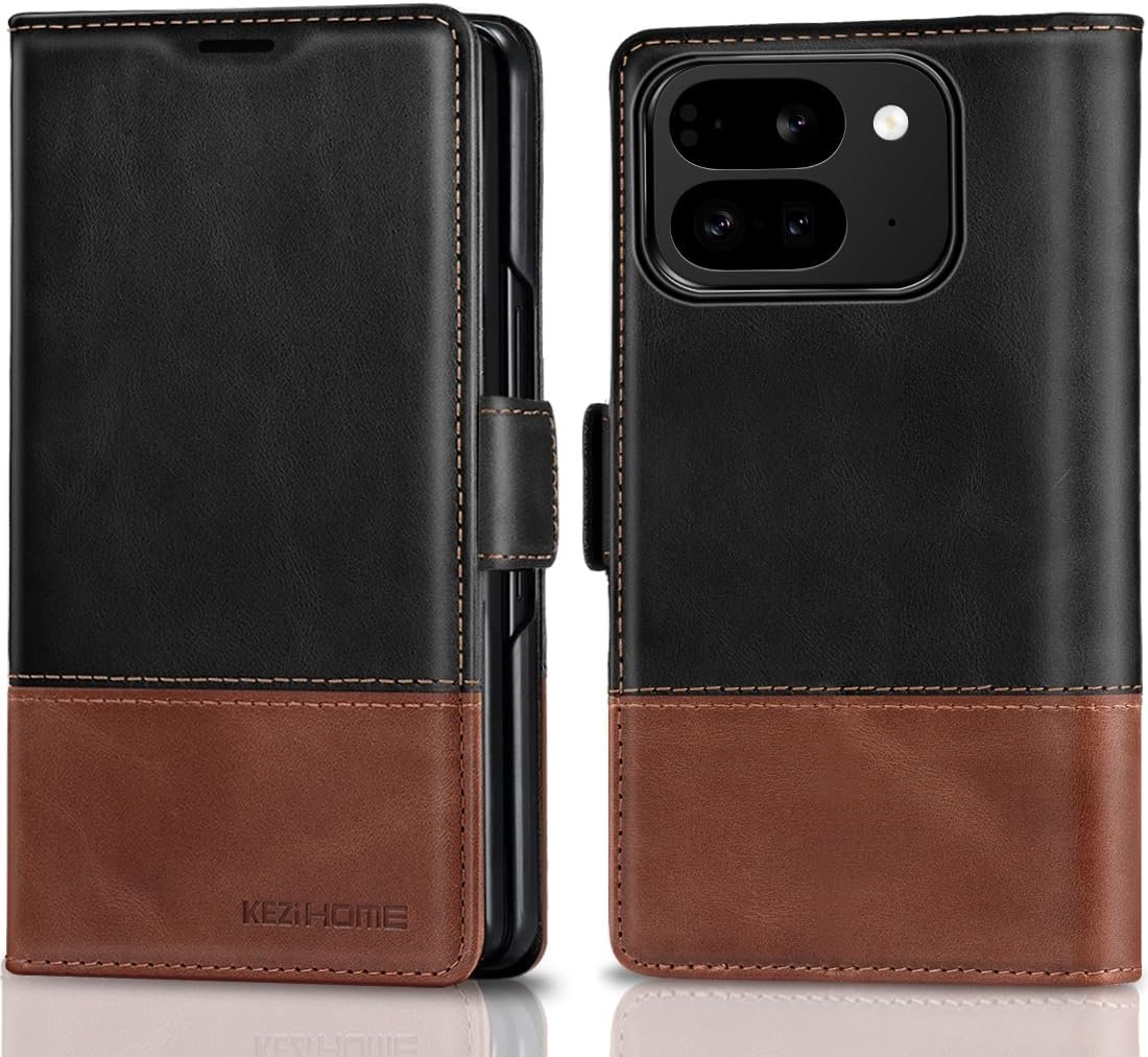 KEZiHOME genuine leather wallet case for Google Pixel 10 Pro Fold open to show the card slots